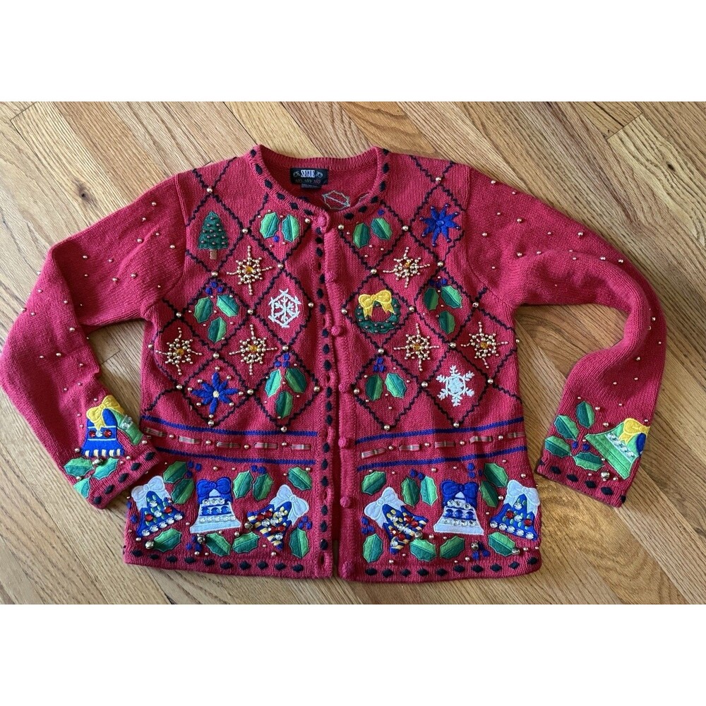 Vtg Segue Embroidered Bells‎ Christmas  Sweater Cardigan Size P/p Holiday Mom